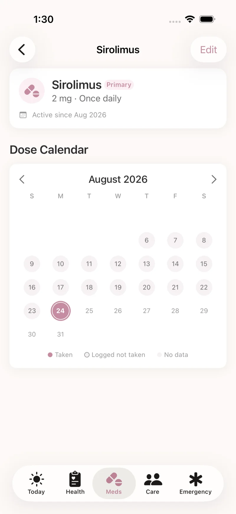 A medication's dose calendar for August, with the current day highlighted and a calm three-state legend.