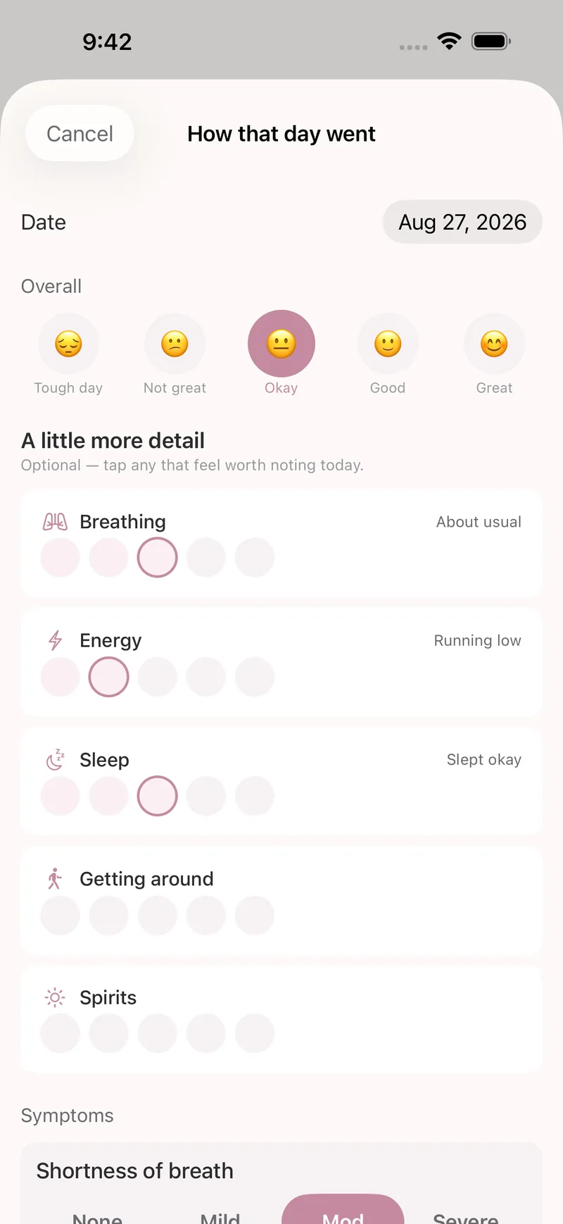The daily check-in sheet: an overall row from Tough day to Great with Okay selected, and optional detail dials for breathing, energy, and sleep.