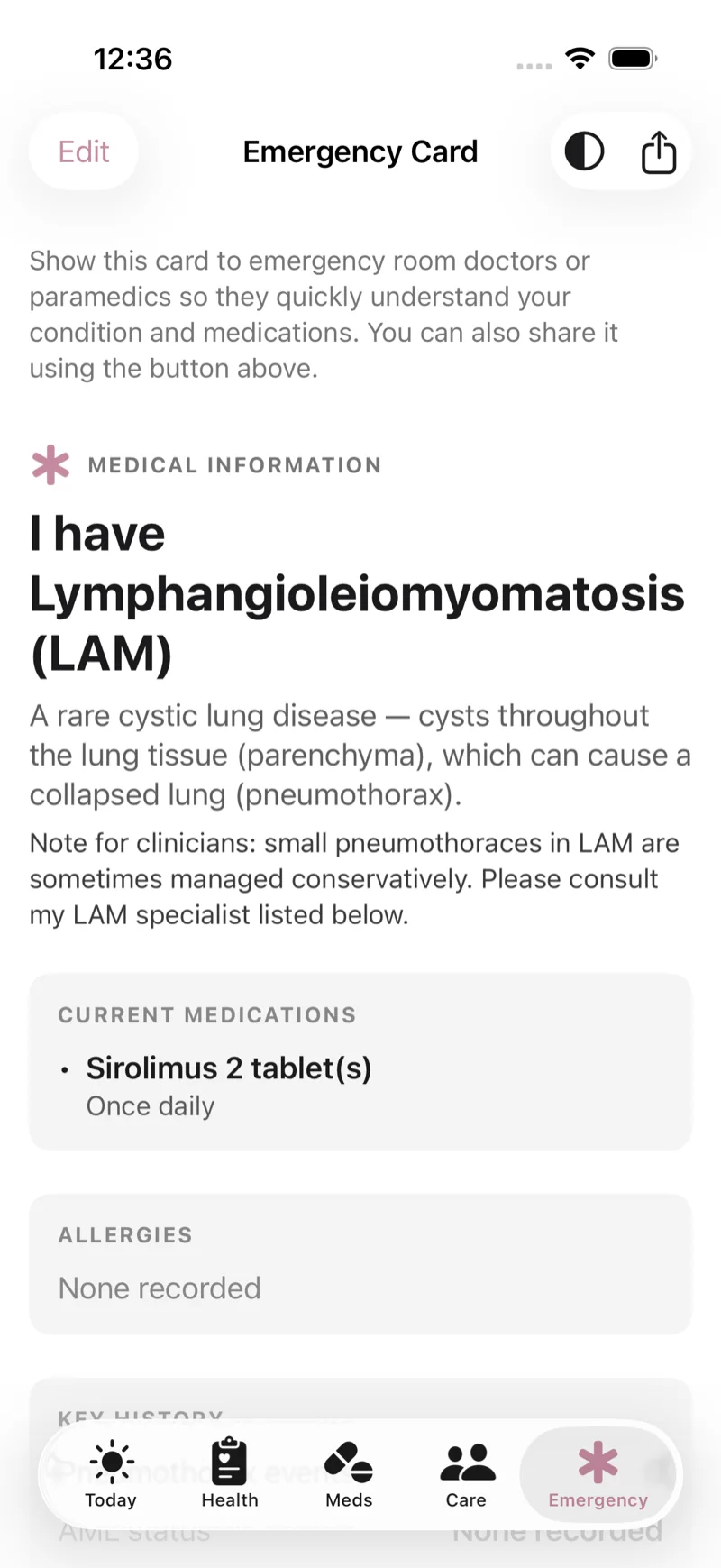 The emergency card: a plain-language explanation of LAM for clinicians, current medications, and allergies.