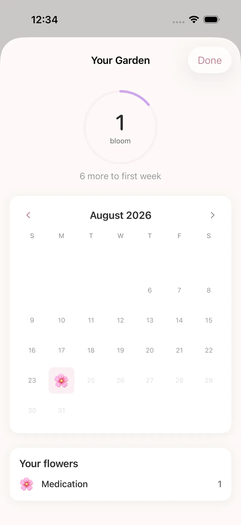 The Your Garden screen: one bloom this month, a progress ring, and an August calendar with a cherry blossom on the day a dose was taken.