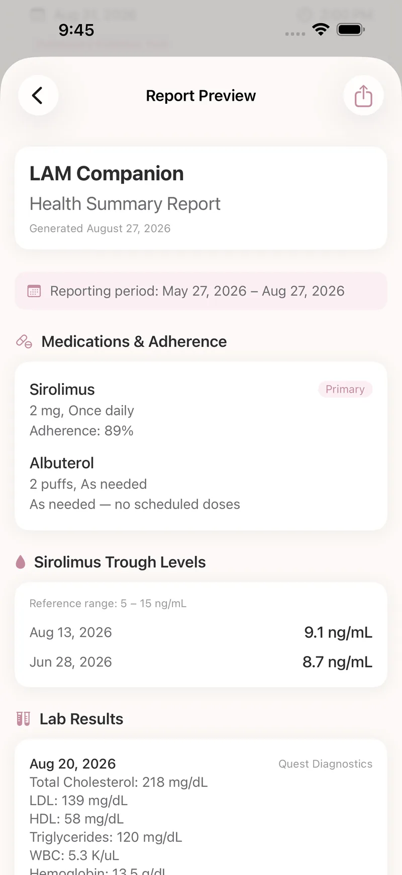The report preview: a health summary covering a three-month reporting period, with medications and adherence, sirolimus trough levels, and recent lab results, ready to share.