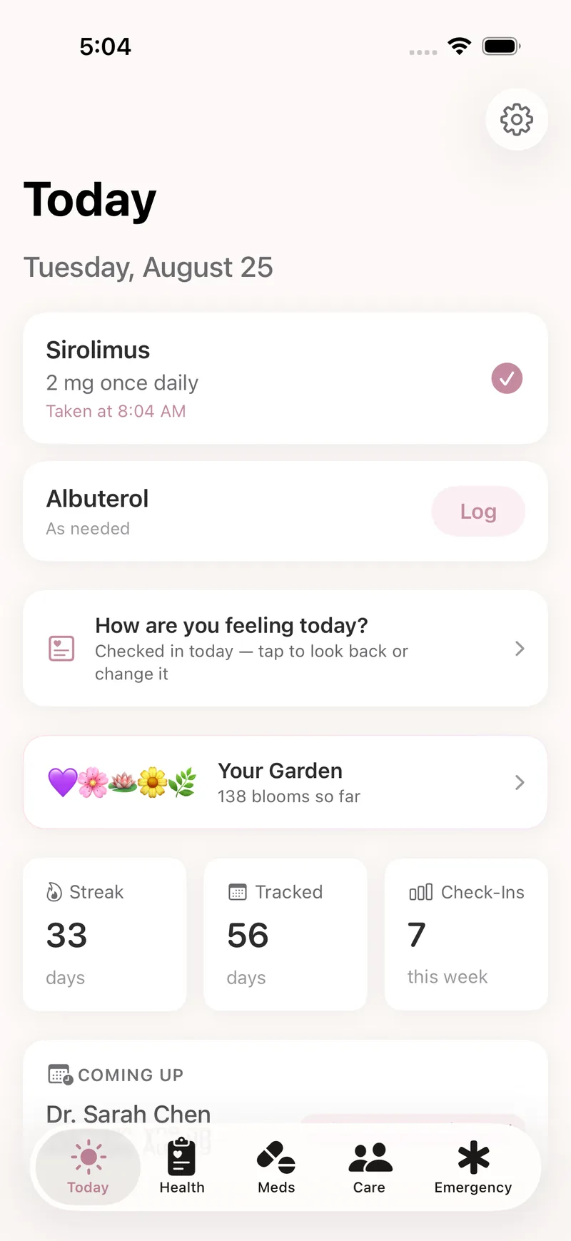 The LAM Companion Today screen after a couple of months of use: the morning sirolimus dose marked taken, a completed daily check-in, a multi-week streak, and a garden card with dozens of blooms.