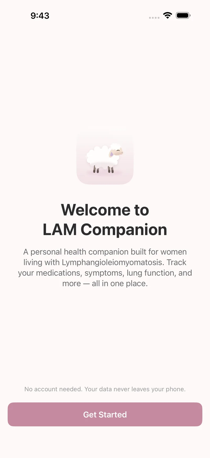 The welcome screen: the LAM Companion lamb icon above a short greeting, a note that no account is needed, and a Get Started button.